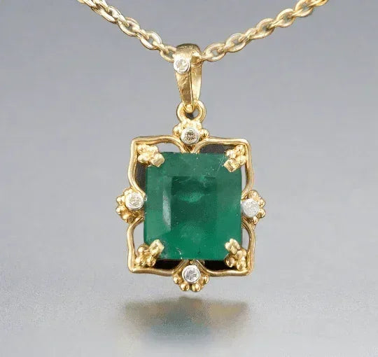 14k Gold Zambian Emerald & Diamond Pendant - K Jewelry Accessories