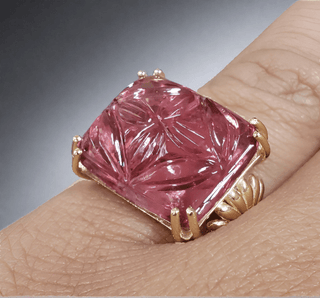 14k Gold Carved Pink Tourmaline & Diamond Ring - K Jewelry Accessories