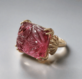 14k Gold Carved Pink Tourmaline & Diamond Ring - K Jewelry Accessories