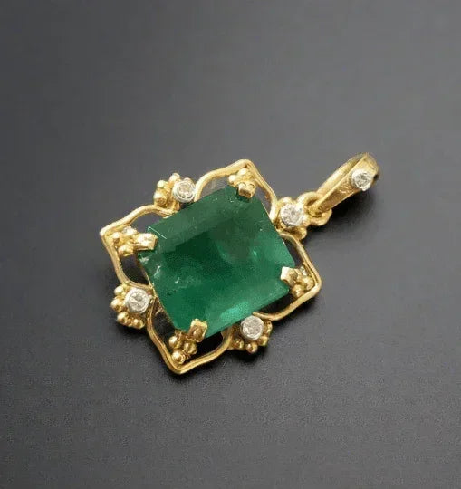 14k Gold Zambian Emerald & Diamond Pendant - K Jewelry Accessories
