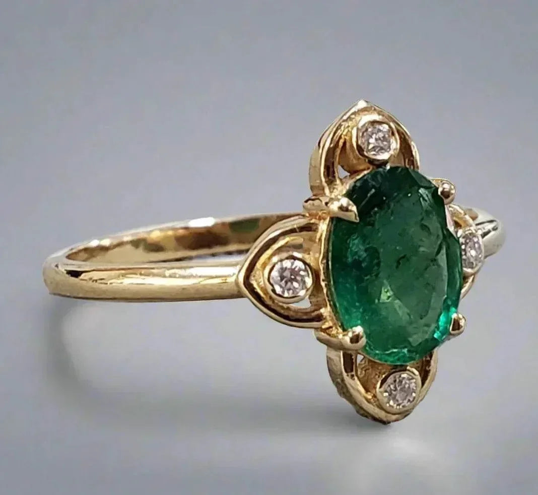 Minimalist 14k Solid Gold Oval Emerald Diamond Ring - K Jewelry Accessories