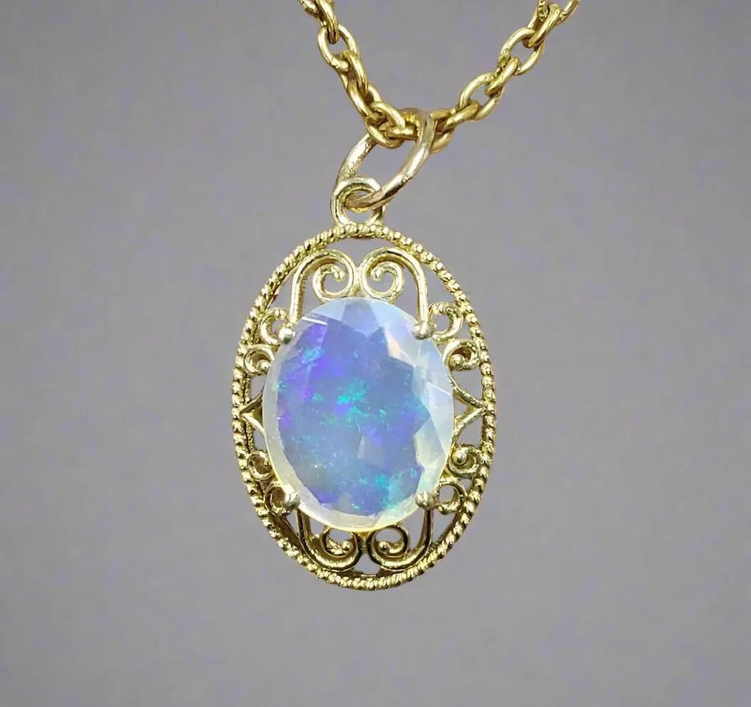 Filigree Design 14 Karat Oval Ethiopian Opal Gold Pendant - K Jewelry Accessories
