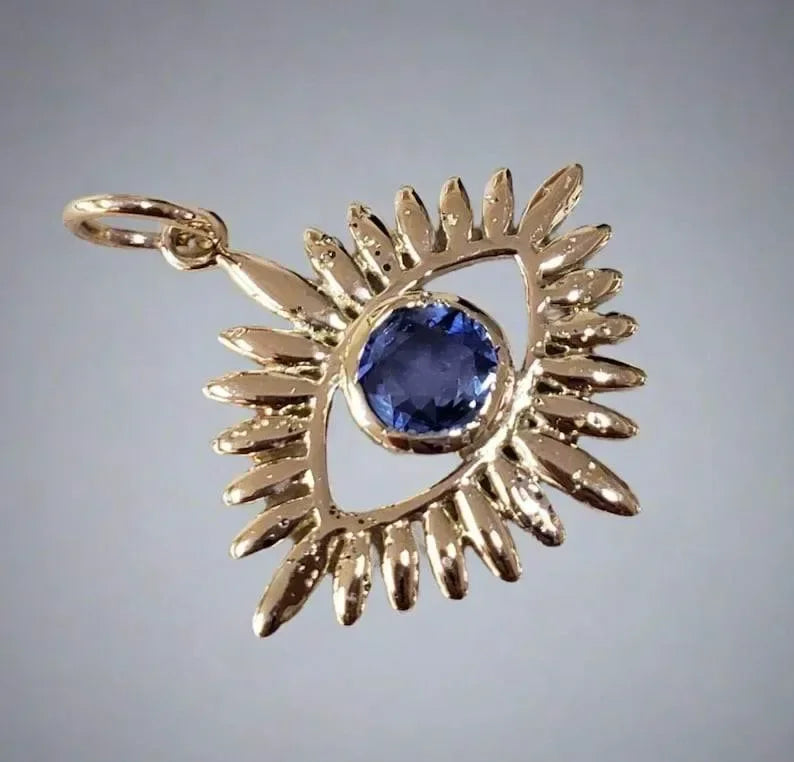 14k Gold Natural Blue Evil Eye Sapphire Pendant - K Jewelry Accessories