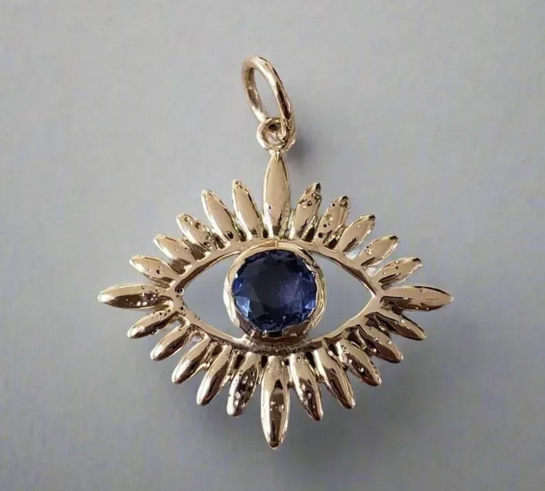 14k Gold Natural Blue Evil Eye Sapphire Pendant - K Jewelry Accessories