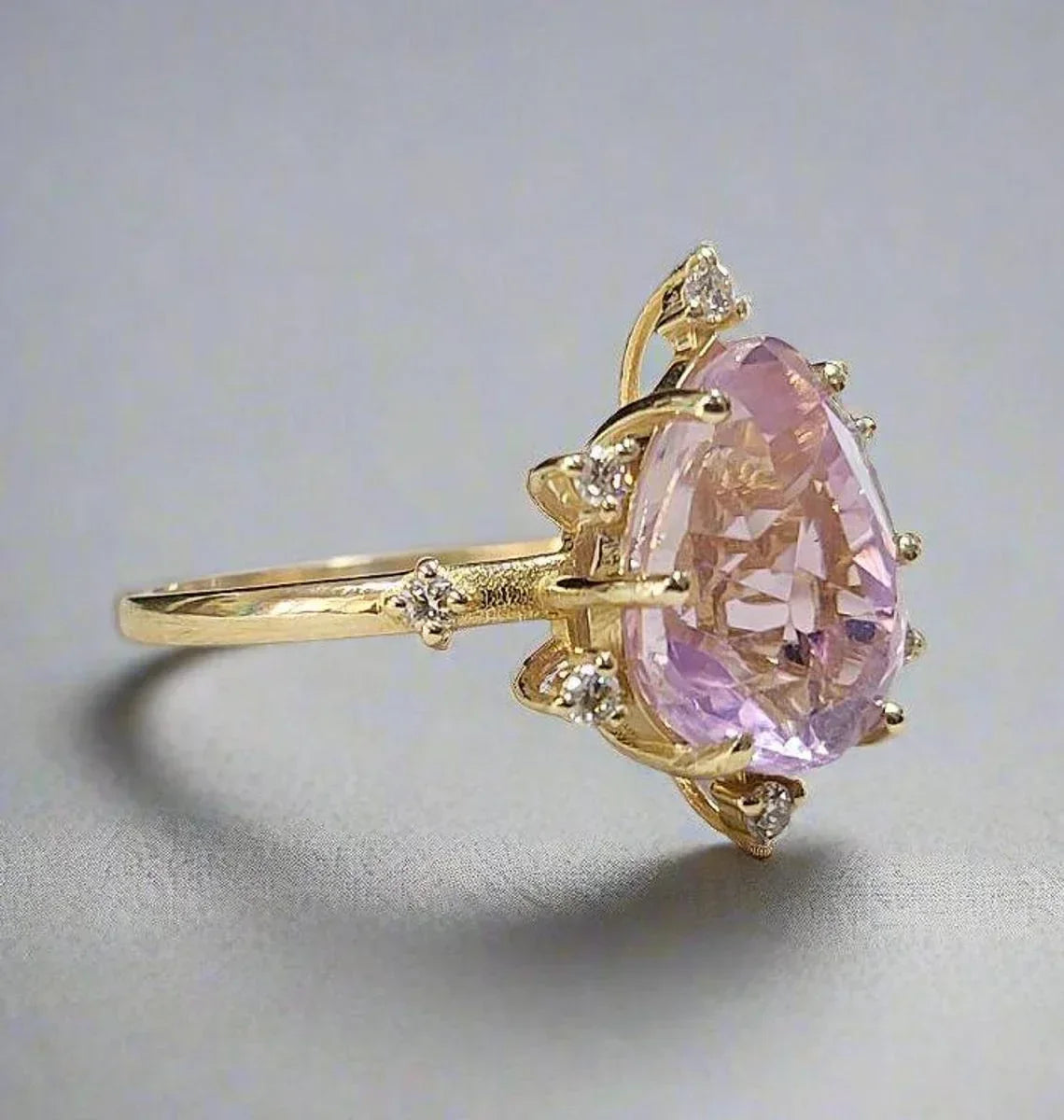 Pear Kunzite Diamond 14k Gold Ring: Art Deco Statement Jewelry - K Jewelry Accessories