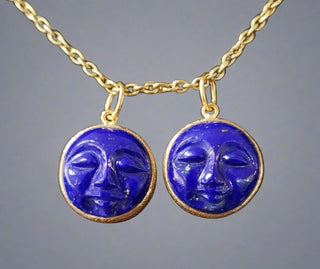 14k Gold Happy/Meditative Face Carved Lapis Lazuli Pendant - K Jewelry Accessories