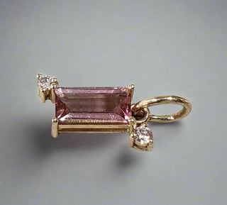 Baguette Shape Natural Pink Tourmaline Gold 14k Pendant With Diamonds - K Jewelry Accessories