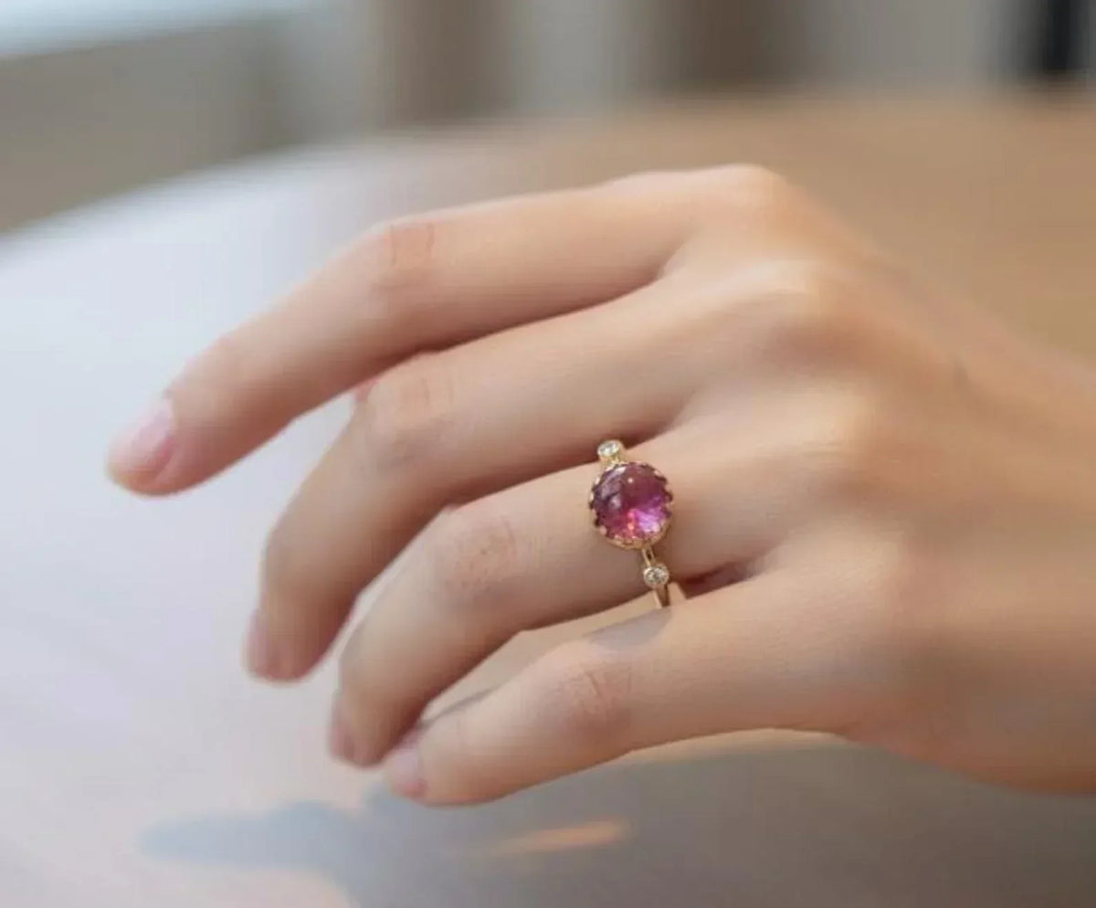 14k Gold Round Pink Tourmaline Ring – Natural Gemstone with Diamond - K Jewelry Accessories