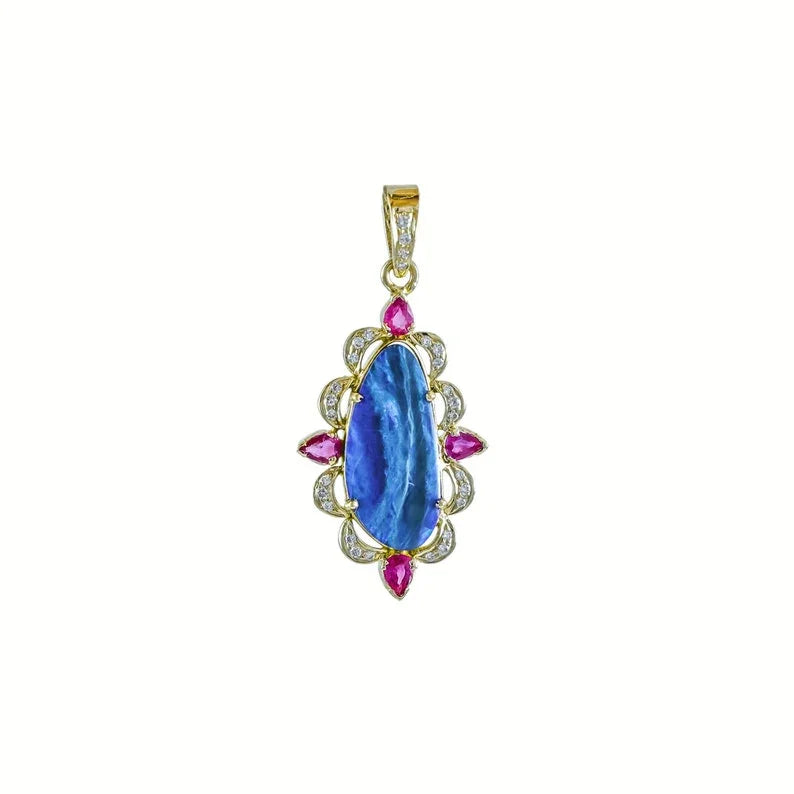 Statement 18k Gold Australian Opal Pendant : Diamond & Rubies Studded