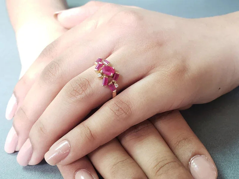 Ruby Baguette Diamond Ring: 18k Yellow Gold Anniversary Band