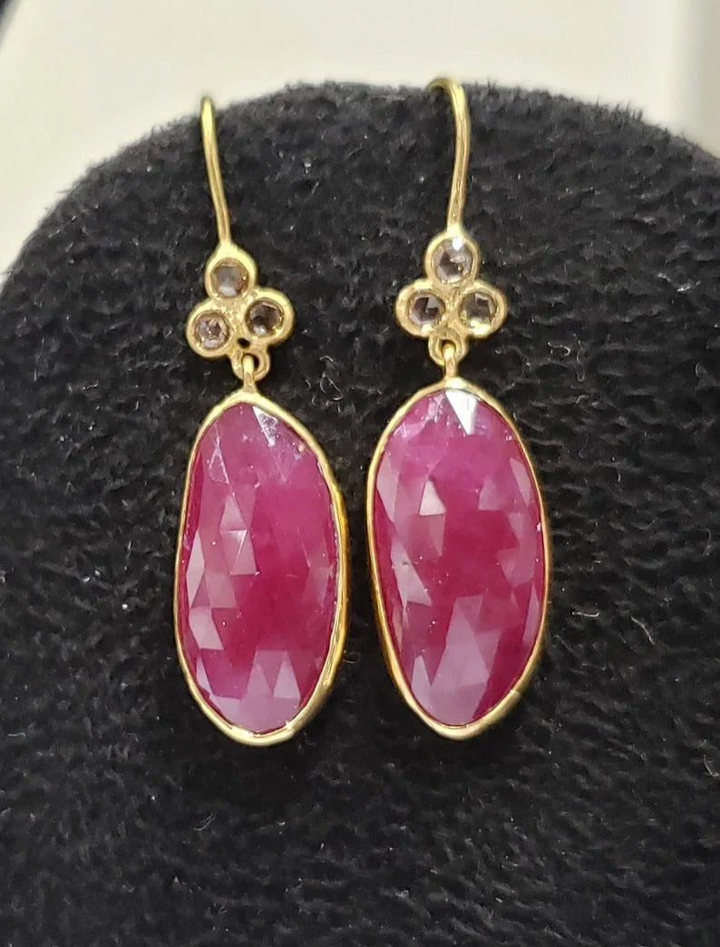 14k Gold Ruby Dangle Earrings with Rose Cut Diamonds