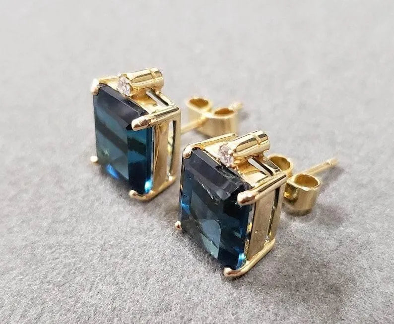 18k Gold London Blue Topaz Studs: Handmade Diamond Earrings - K Jewelry Accessories