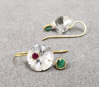 Handmade 18k Gold White Topaz Earrings with Emerald & Ruby - K Jewelry Accessories