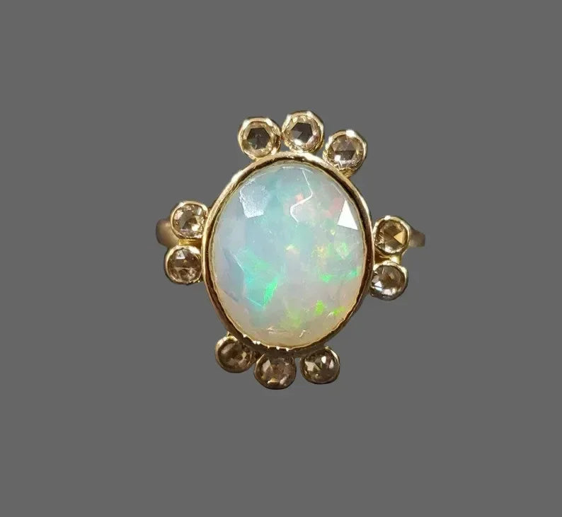 18k Gold Ethiopian Opal Ring with Rose Cut Diamonds - K Jewelry Accessories