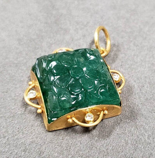 Carved Zambian Emerald Pendant: Diamond Accent, 18k Yellow Gold - K Jewelry Accessories
