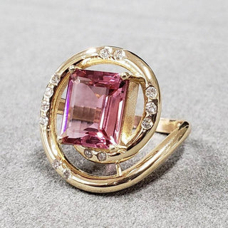 Pink Tourmaline Diamond 14k Gold Ring: Rectangle Gemstone, Handmade - K Jewelry Accessories
