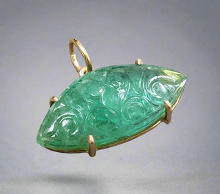 Handmade Marquise Zambian Emerald Pendant: Carved 18k Yellow Gold - K Jewelry Accessories