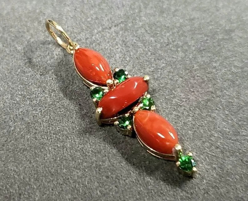 Italian Coral Tsavorite Gold Pendant: Marquise Gemstone Necklace - K Jewelry Accessories