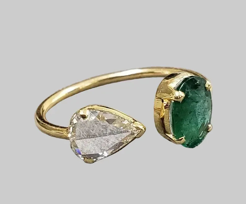 18k Gold Ring: Zambian Emerald & Rose Cut Diamond, Handmade Jewelry - K Jewelry Accessories