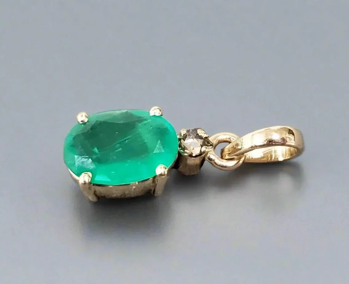 14K Zambian Emerald Pendant: Rose Cut Diamond Accent - K Jewelry Accessories