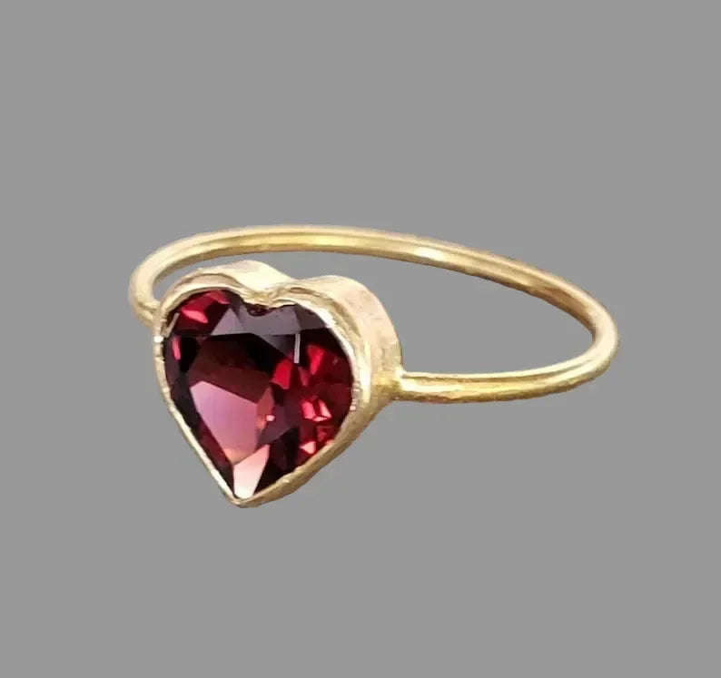 Heart Garnet 18k Gold Ring: Handmade Bezel Setting Jewelry - K Jewelry Accessories
