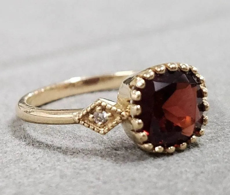 Cushion Garnet Diamond Gold Ring: Handmade Stackable Jewelry - K Jewelry Accessories