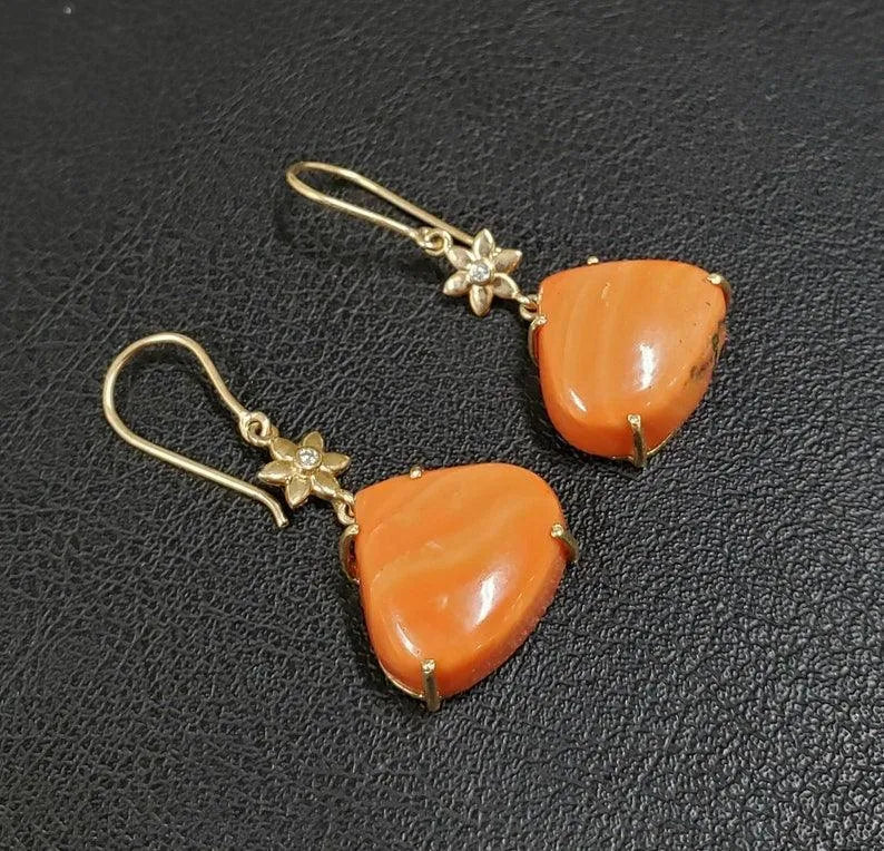 Natural Italian Coral Diamond Gold Earrings - K Jewelry Accessories