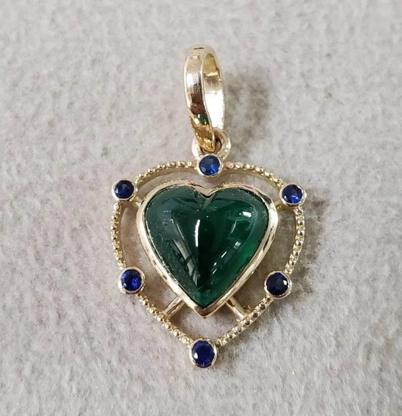 Zambian Emerald Heart Pendant: 14k Gold & Blue Sapphire Cluster - K Jewelry Accessories