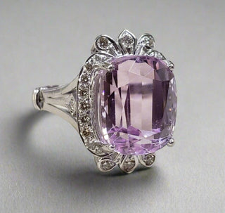14k White Gold Pink Kunzite Ring: Diamond Art Deco Statement Ring