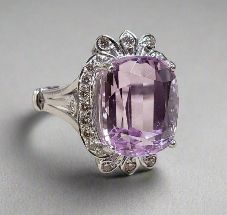 14k White Gold Pink Kunzite Ring: Diamond Art Deco Statement Ring