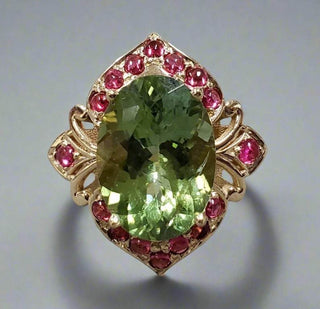 14k Gold Ring: Green Tourmaline & Rubellite Accent, Handmade Statement Jewelry - K Jewelry Accessories