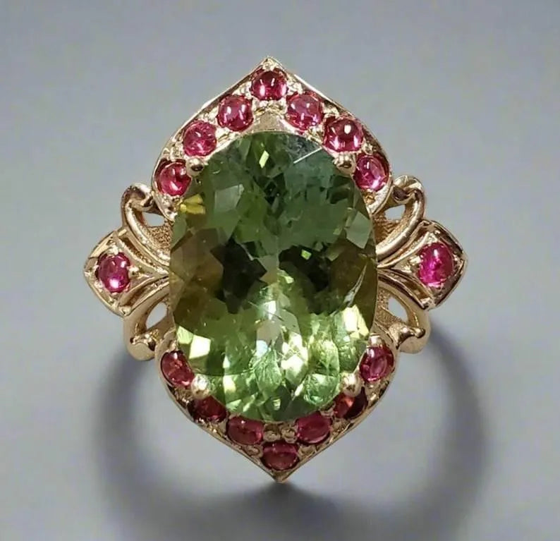 14k Gold Ring: Green Tourmaline & Rubellite Accent, Handmade Statement Jewelry - K Jewelry Accessories