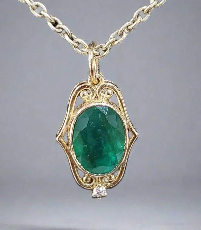 Oval Zambian Emerald & Diamond 14k Gold Pendant - K Jewelry Accessories