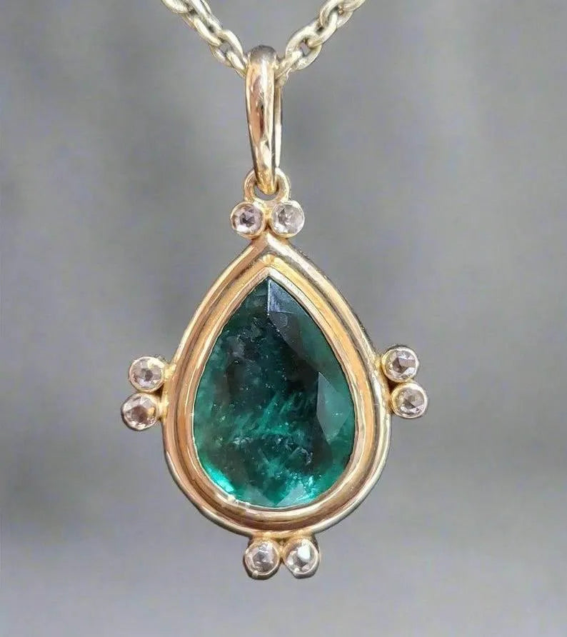 14k Zambian Emerald Pendant: Rose Cut Diamond Accent - K Jewelry Accessories