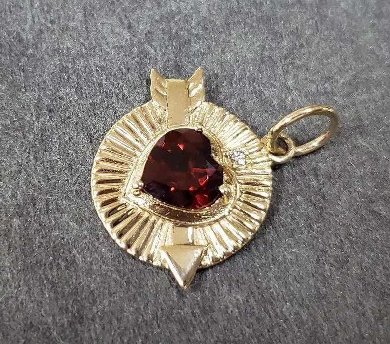 Handmade 14k Gold Heart Garnet Pendant with Diamond Accent - K Jewelry Accessories
