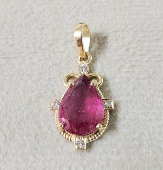 Natural Rubellite Pear Tourmaline and Diamond 14k Gold Pendant - K Jewelry Accessories