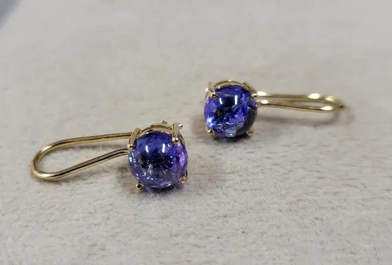 14k Gold Tanzanite Earrings: Round Cabochon Leverback - K Jewelry Accessories