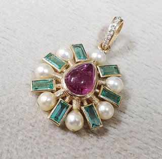 Gold Multi-Stone Pendant: Pearl, Pink Tourmaline, Emerald, Diamond - K Jewelry Accessories