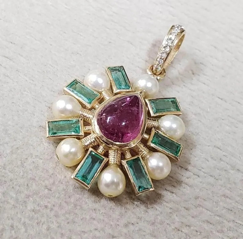 Gold Multi-Stone Pendant: Pearl, Pink Tourmaline, Emerald, Diamond - K Jewelry Accessories