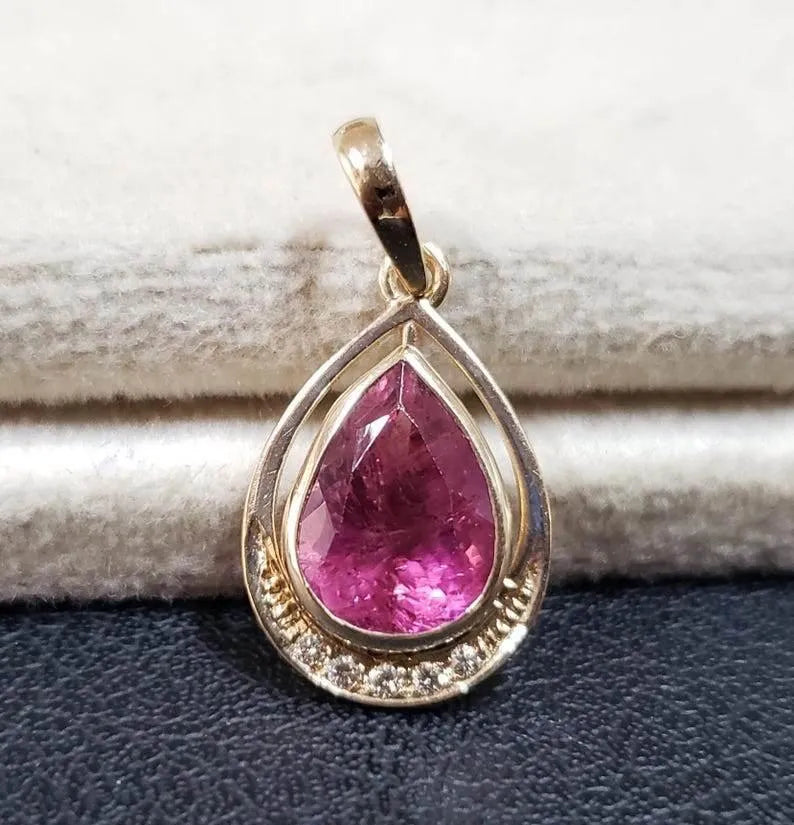 14k Gold Pink Tourmaline Pendant: Teardrop Diamond Cluster - K Jewelry Accessories