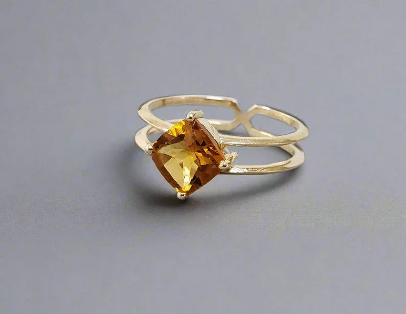 7mm Cushion Citrine 14k Gold Ring: Double Band Prong Setting