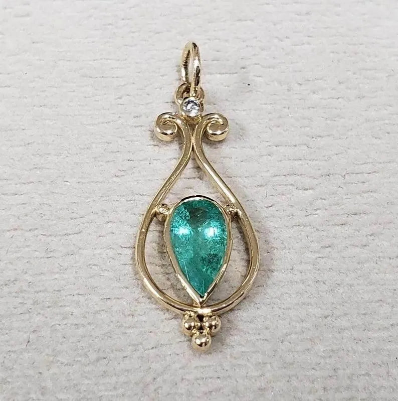 14k Gold Emerald Pendant: Art Deco Pear Cut Diamond Jewelry - K Jewelry Accessories
