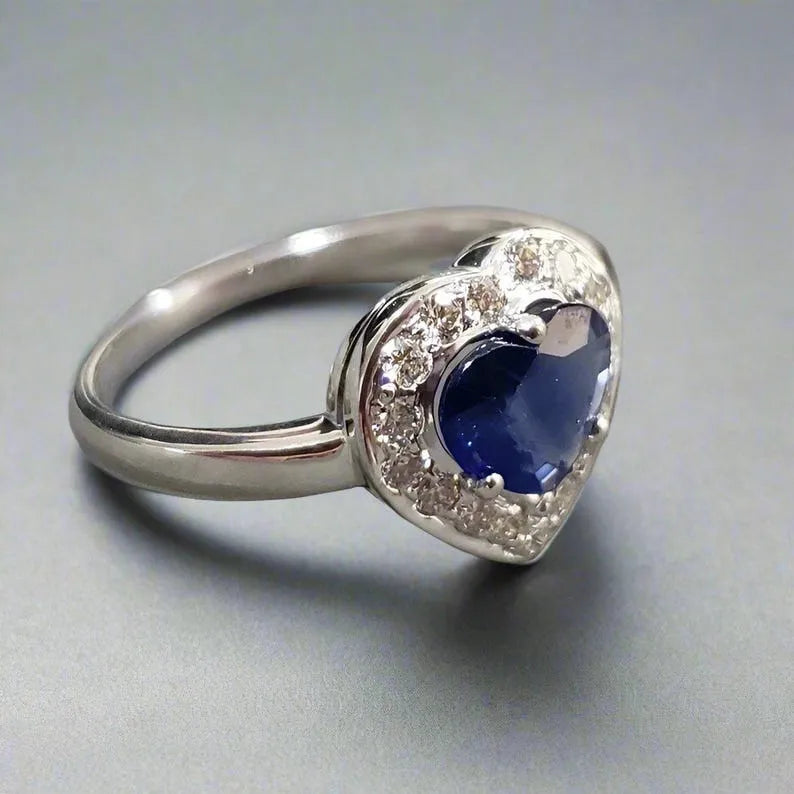 Heart Blue Sapphire Diamond 18k White Gold Engagement Ring