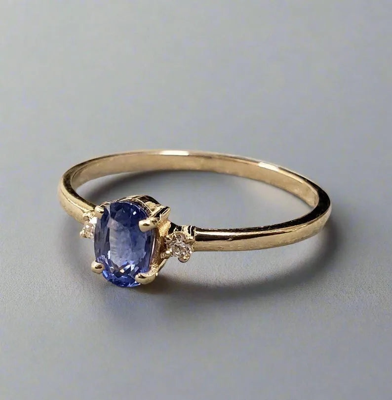 Blue Sapphire Diamond 14k Gold Ring: Thin Band Gemstone Jewelry