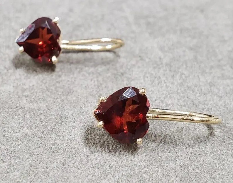 14k Gold Garnet Earrings: Faceted Leverback Dangle - K Jewelry Accessories