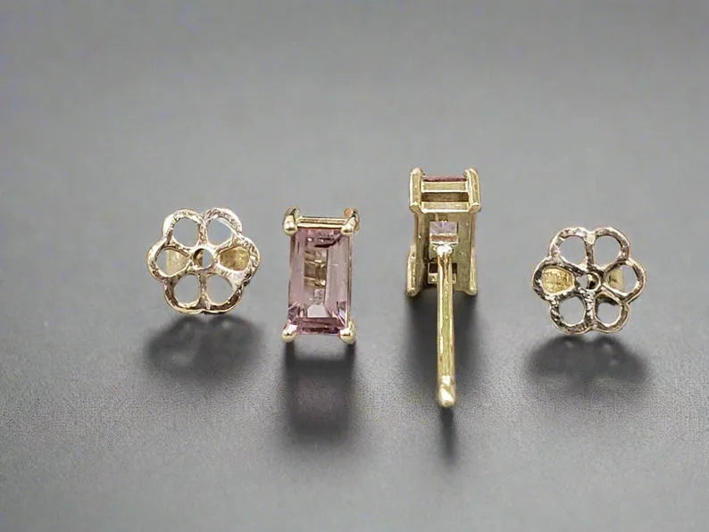 Pink Tourmaline Baguette Studs: 14k Gold Art Deco Earrings