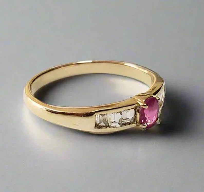 18k Gold Ruby Ring With Diamond Baguettes : Engagement Ring