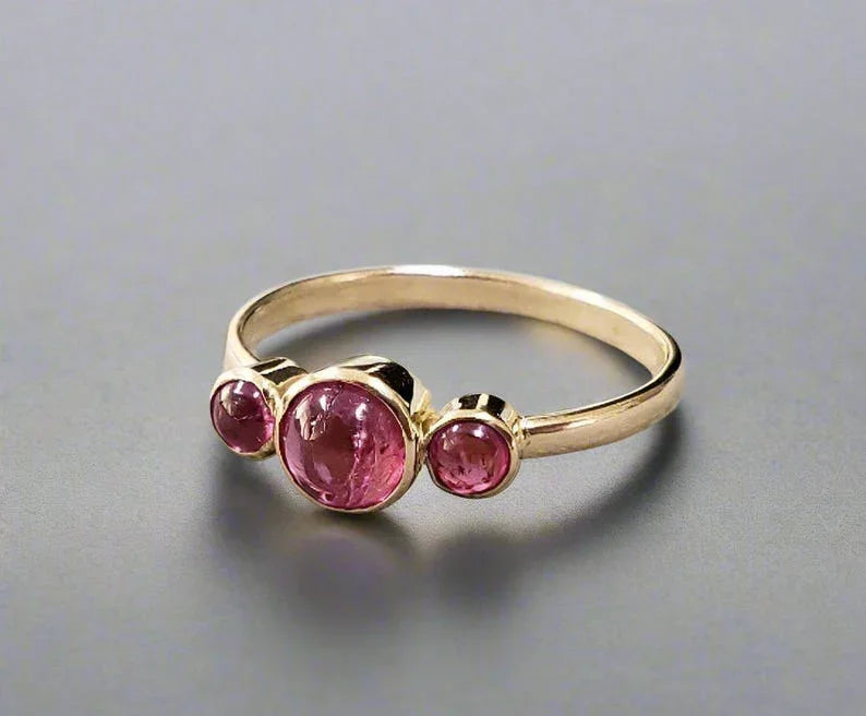 18k Solid Gold Pink Tourmaline Cabochon Ring: Statement Jewelry