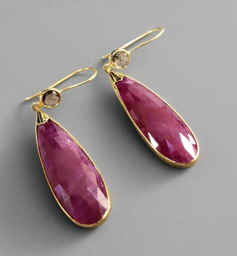 Handmade 14k Gold Dangle Earrings: Rose Cut Ruby & Diamond Jewelry