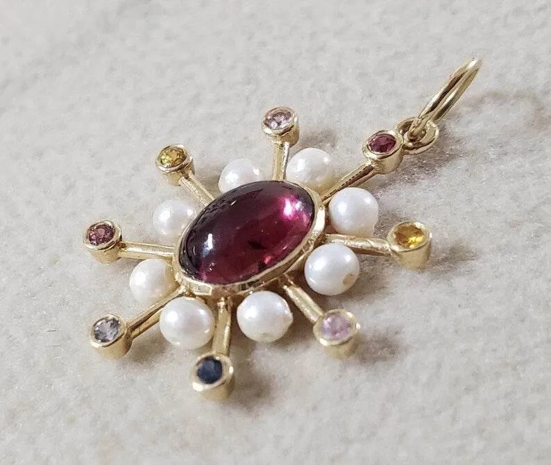 14k Gold Starburst Pendant: Pink Tourmaline, Pearl & Multi Stone - K Jewelry Accessories